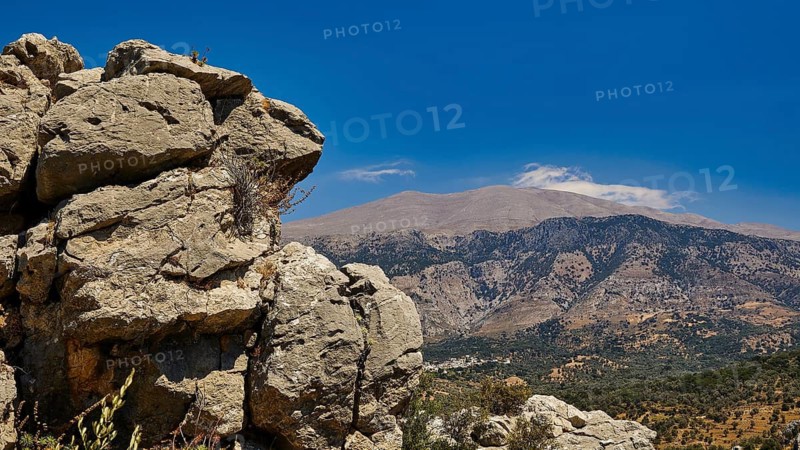 Psiloritis, Ida massif, highest mountain in Crete, rock formation overlooking a mountain range under clear blue sky, Amari Basin, Amari, Central Crete, Greek Islands, Greece