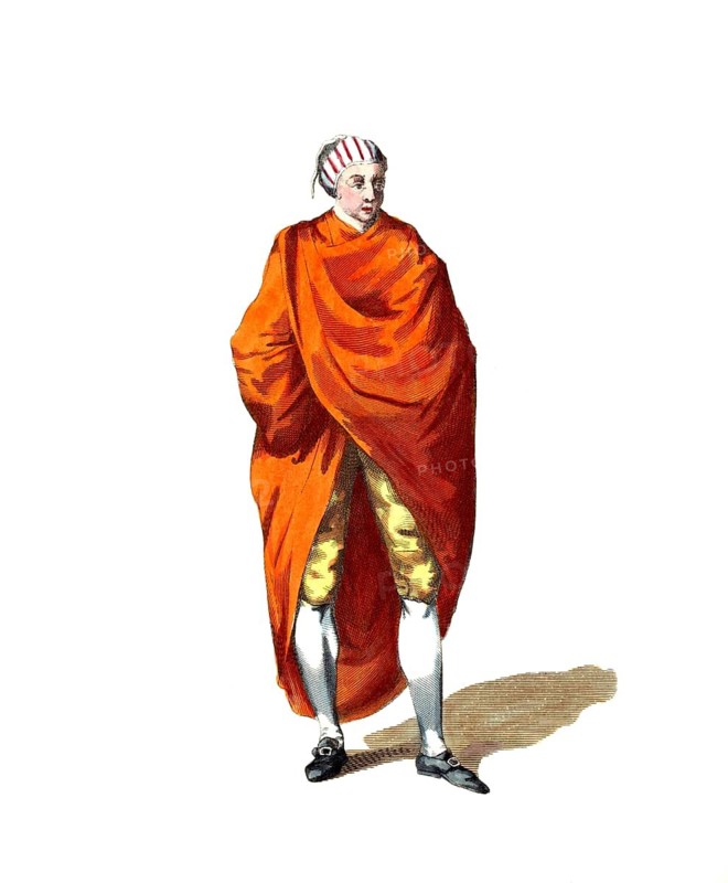 Historical clothing, fashion in the course of time, clothing of a Spanish gentleman in Montevideo in South America in 1764, digitally restored reproduction of a model from the 18th/19th century, exact date unknown, man in red cloak and yellow trousers with wig on white background