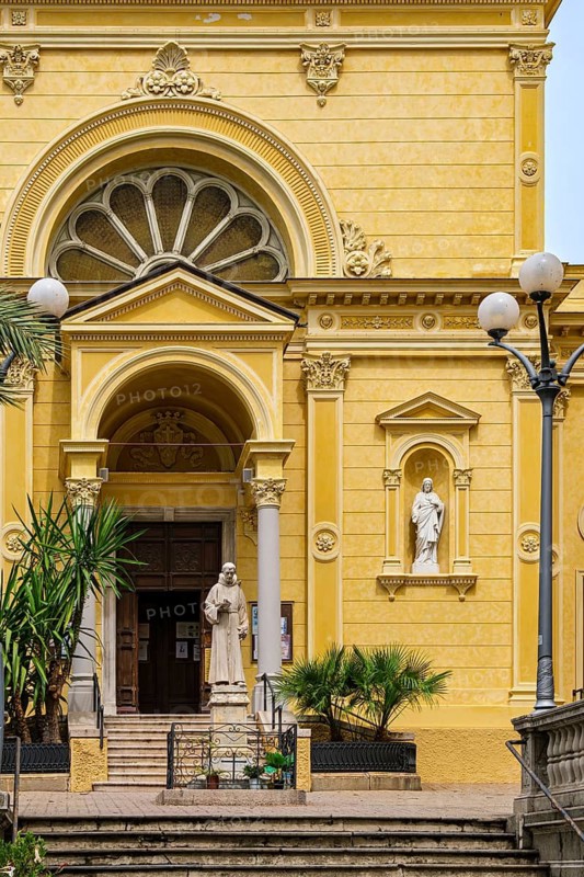 Main portal and south side of the Capuchin church, Chiesa Frati Cappuccini, in the historic city centre of Sanremo, province of Imperia, Liguria, Italy