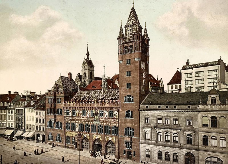 Das Rathaus von Basel, Schweiz, digital restaurierte Reproduktion eines Originals aus dem 19. Jahrhundert, Aufnahmeddatum nicht angegeben, The townhall of Basel, Switzerland, digitally restored reproduction from a 19th century original, record date not stated