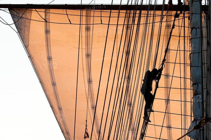 Silhouette of a woman climbing up into the rigging, mainsail backlit, Kongsfjorden, Svalbard archipelago, Svalbard, Norway