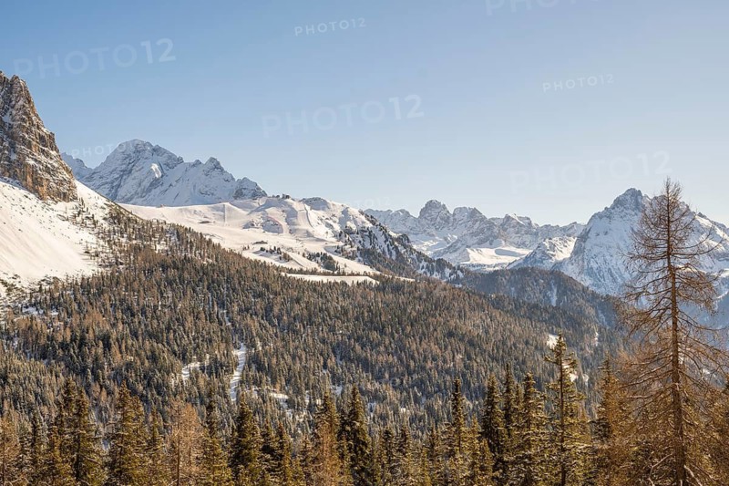 Beautiful landscape of the Mountain silhouettes of the Sexten Dolomites on a sunny winter day, South Tyrol, Trentino-South Tyrol, Alto-Adige, Italy