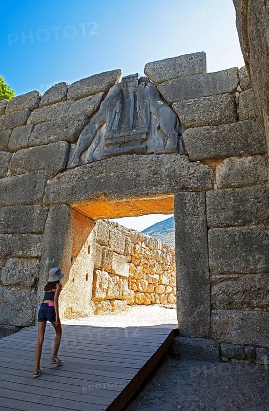 Lion Gate and fortress walls of Mycenae, Greek archaeological site, Argolis, Peloponnese, Greece