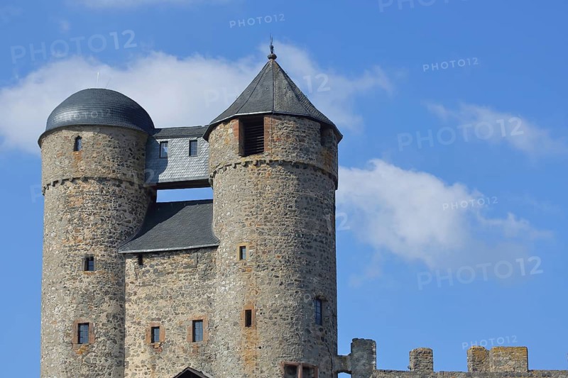 Double towers of medieval Greifenstein Castle, Westerwald, Hesse, Germany