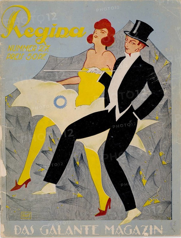 Regina, magazine, 1924, issue 27, twenties, fashion, lifestyle, The Galante magazine, stylized couple in elegant dance pose inspired by art deco style on magazine cover