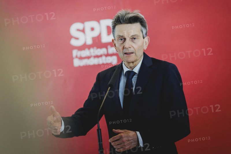 Rolf Mützenich, SPD parliamentary group leader, recorded during a press statement in front of the parliamentary group meeting in Berlin, 23 April 2024