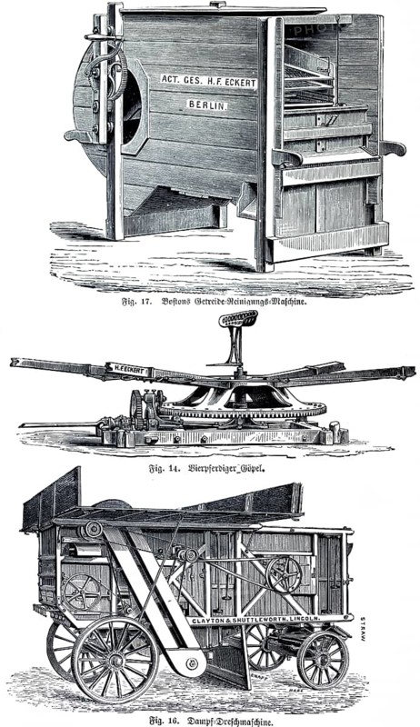 Agricultural machinery, Boston grain cleaning machine, four-horse Göpel, mobile steam threshing machine, inventions, new equipment, threshing, agricultural activity, stock company H.F. Eckert, Berlin, horse goepel, drive, gear, iron, wagon, material, wood, mechanization, mechanics, technology, 19th century, historical illustration 1891