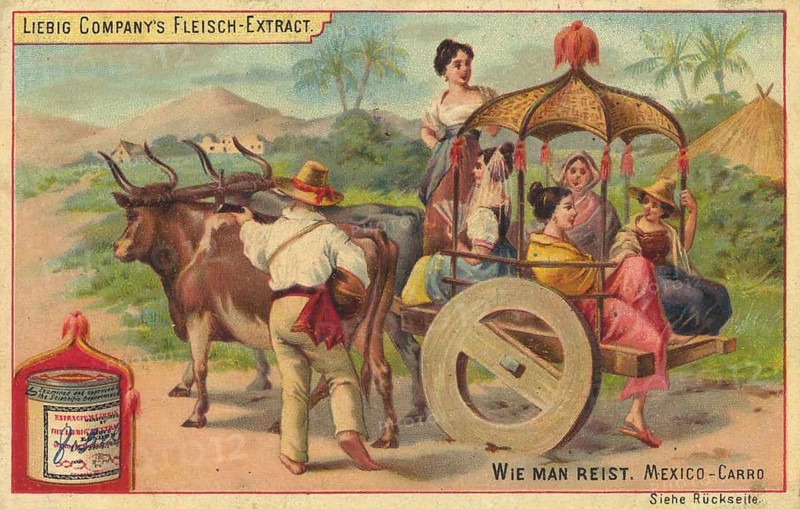 Picture series How to travel, Mexico, a Mexican tour group in a traditional oxcart, picture of love, digitally restored reproduction of a collector's painting from around 1900, exact date unknown