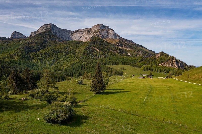 Drone image, Eisenaualm with Schafberg, Osterhorn group, Salzkammergut, Salzburg province, Austria