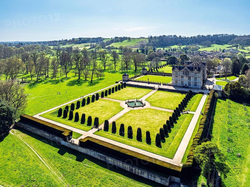 Montacute House and Garden from a drone, Montacute, Somerset, England, United Kingdom