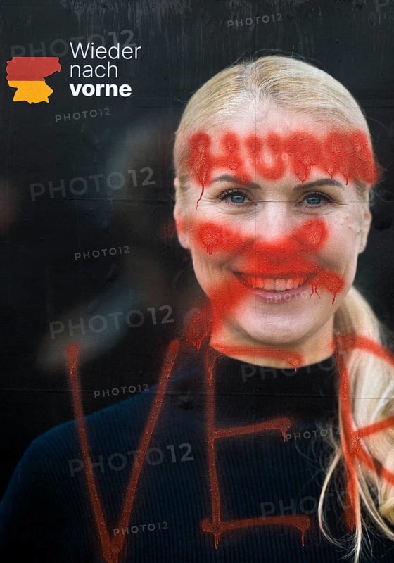 Denigration of a large poster for the 2025 Bundestag election by the CDU with Katja Strauss-Köster, Witten, Ruhr area, Germany