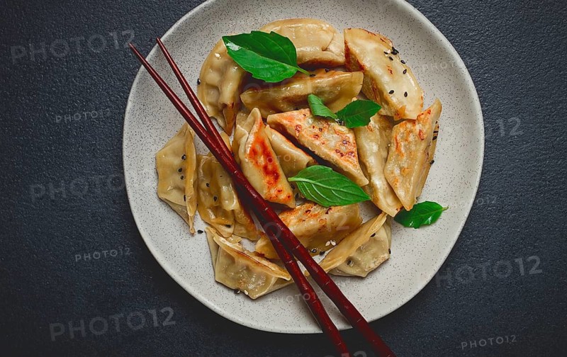 Japanese fried dumplings, gyoza, sesame seeds, top view, no people