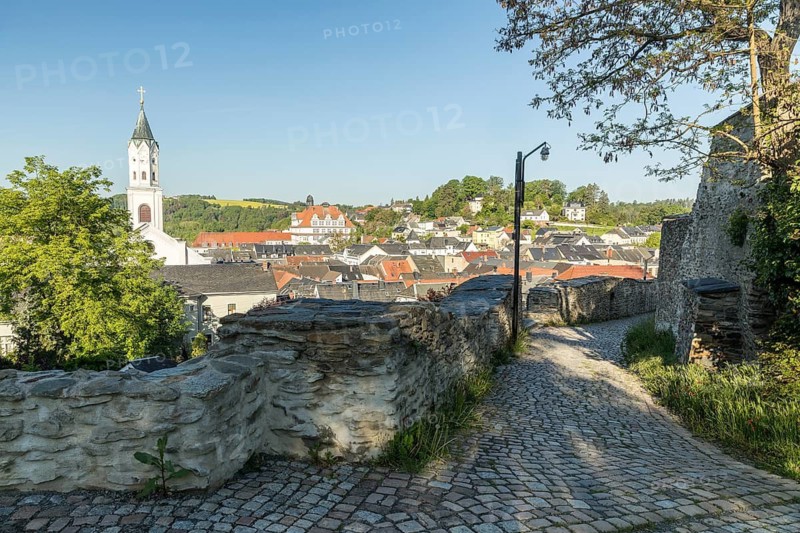 City view with Laurentius Church and Elsterberg Castle ruins, Vogtland, Saxony, Germany