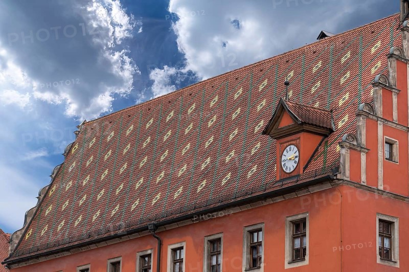 Roof decorated with patterns, former council drinking parlour, so-called Gustav-Adolf-Haus, built in 1550, now the town library, Segringer Straße 2, Dinkelsbühl, Bavaria, Germany