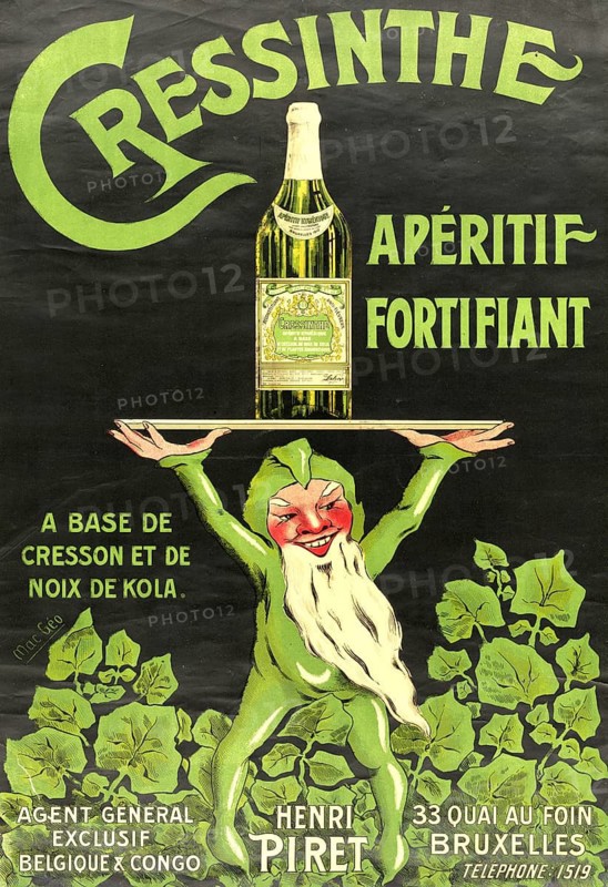 Advertising poster, drinks advertisement, Belgian vintage advertising poster for Cressinthe, a fortifying aperitif, Apéritif Fortifiant, an alcoholic drink made from cress (Cresson) and kola nut (Noix de Kola), dating from the 1920s or 1930s. In the centre is a man dressed as a goblin or elf in a green costume with a long, white beard, balancing a bottle of the aperitif on a tray. He is surrounded by cress leaves, an authentic reproduction of a historical advertising poster or sign, in high resolution