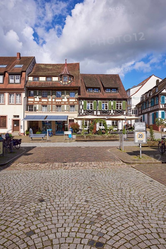 Half-timbered houses and the Pfeffermühle restaurant in Gengenbach, Black Forest, Ortenaukreis, Baden-Württemberg, Germany