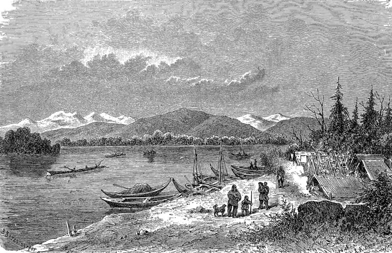 Indian village Rewicargut on the Yukon in Alaska, in 1880, Historical, digital reproduction of an original from the 19th century