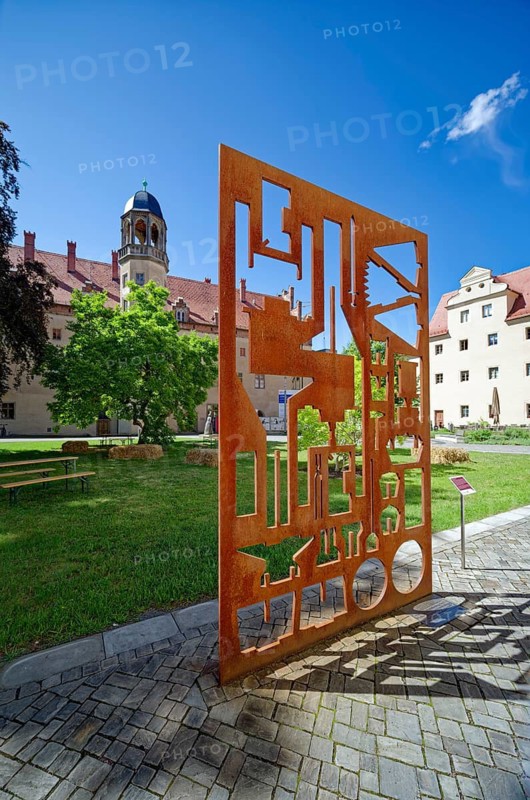 Installation swords on ploughshares by Michael Krenz and Stefan Nau, Lutherhof, Lutherhaus, opposition of the GDR, Friedrich Schorlemmer, Peaceful Revolution, peace movement, Luther city Wittenberg, Saxony-Anhalt, Germany