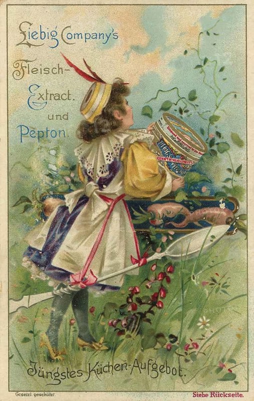 Picture series Recent kitchen line-up, card promotes Liebig Company meat extract, which was often portrayed as beneficial to health, favorite picture, digitally restored reproduction of a collector's painting from around 1900, exact date unknown