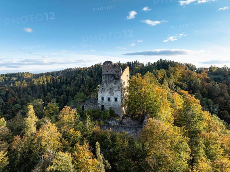 Aerial view of the ruins of Altbodman on the Bodanrück, above the village of Bodman in autumn vegetation, Lake Constance, Bodman-Ludwigshafen, district of Constance, Baden-Württemberg, Germany