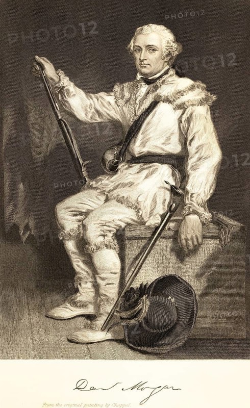 Daniel Morgan (1736-1802) entrepreneur, pioneer, officer, politician, fighter in the War of Independence, portrait of famous Americans, changeable lifeOutlander, USA, room, rifle, trapper clothing, sceptical look, signature, artist Alonzo Chappel, steel engraving, historical illustration 1862