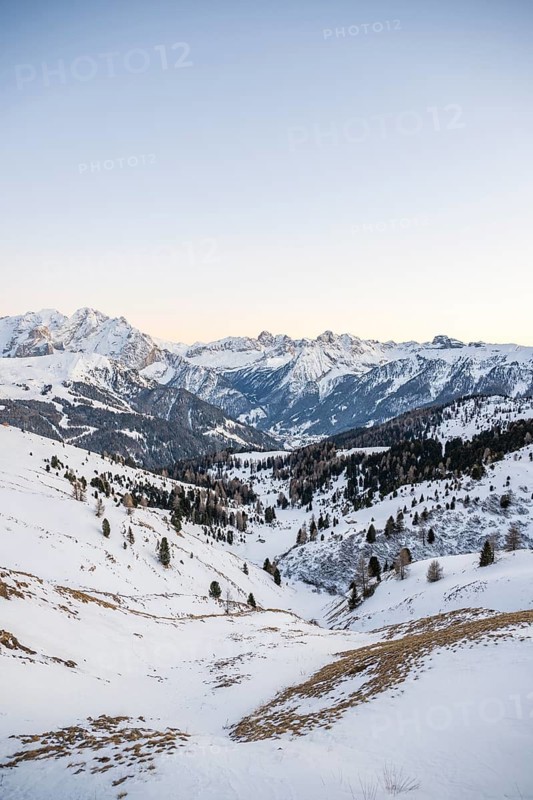 Beautiful landscape of the Mountain silhouettes of the Sexten Dolomites on a sunny winter day, South Tyrol, Trentino-South Tyrol, Alto-Adige, Italy