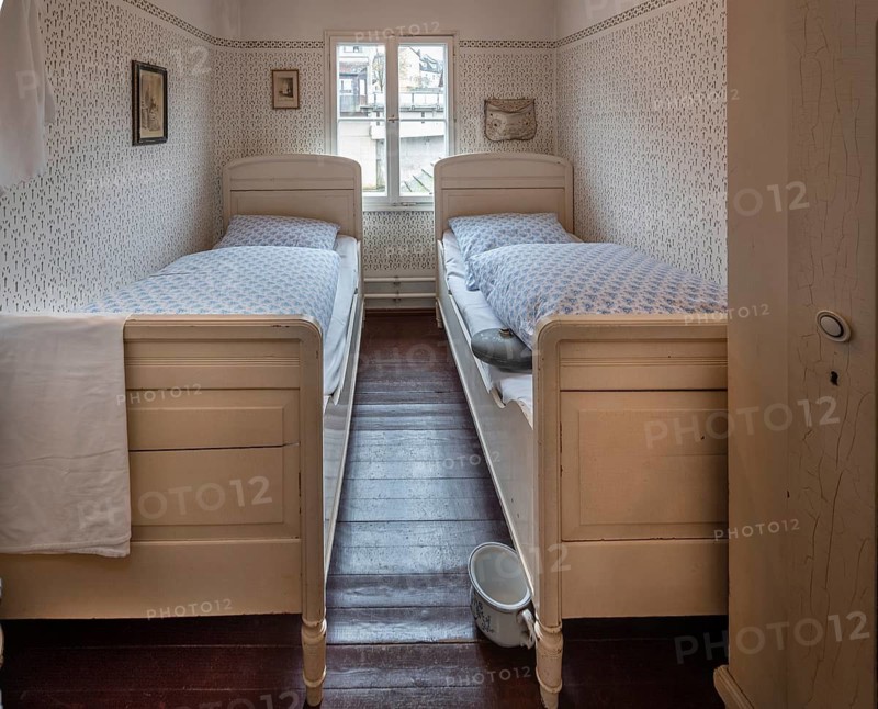 Early 20th century bedchamber with bed, today industrial museum, Lauf an der Pegnitz, Middle Franconia, Bavaria, Germany