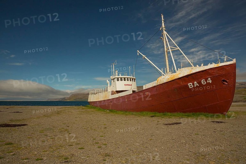 Ship wreck at the road 612 at Patreksfjördur, NW Iceland. The oldest steel ship in iceland. Built in 1912, beached in 1981