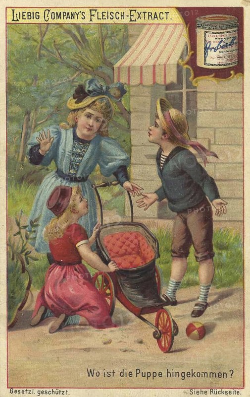 Picture series search game puzzles, The picture shows three children in Victorian clothes playing with a small car, with the girl looking for a doll on the ground, favorite picture, digitally restored reproduction of a collector's painting from around 1900, exact date unknown