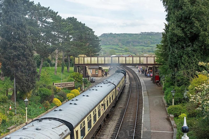 GWSR steam railway pulls into station, Winchcombe, The Cotswolds, England, Great Britain