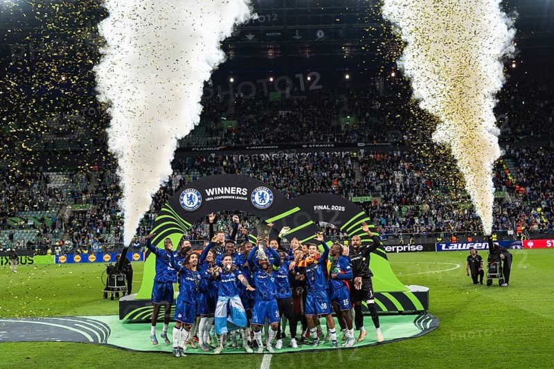 WROCLAW, POLAND - MAY 28, 2025: UEFA Conference League Final Football match Real Betis - Chelsea 1:4. Winners team of Chelsea celebration with the cup