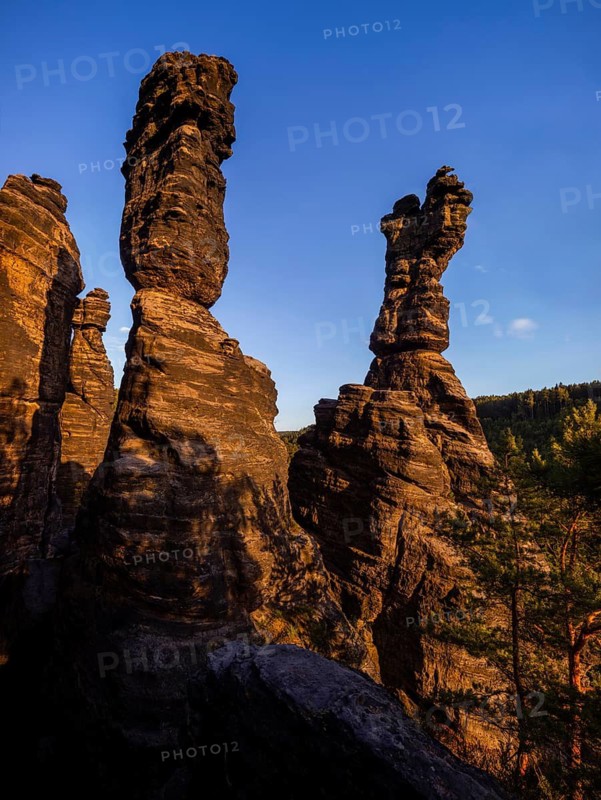 Rock towers of Hercules columns made of weathered sandstone in the Biela Valley, Rosenthal-Bielatal, Saxony, Germany