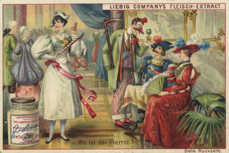 Picture series Search game puzzles, Where is Pierrot? Scene takes place in an elegant interior and shows disguised people, possibly during carnival, Liebigbild, digitally restored reproduction of a collector's painting from around 1900, exact date unknown