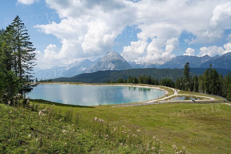 Reservoir at Gschwandtkopf, Karwendel Mountains, behind Wetterstein range, Alps, Seefeld, Tyrol, Austria