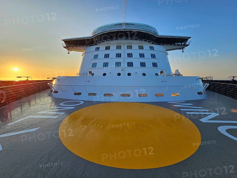 Cruise ship Mein Schiff 6, view from the hump to the bridge, at sunrise, North Sea, Denmark