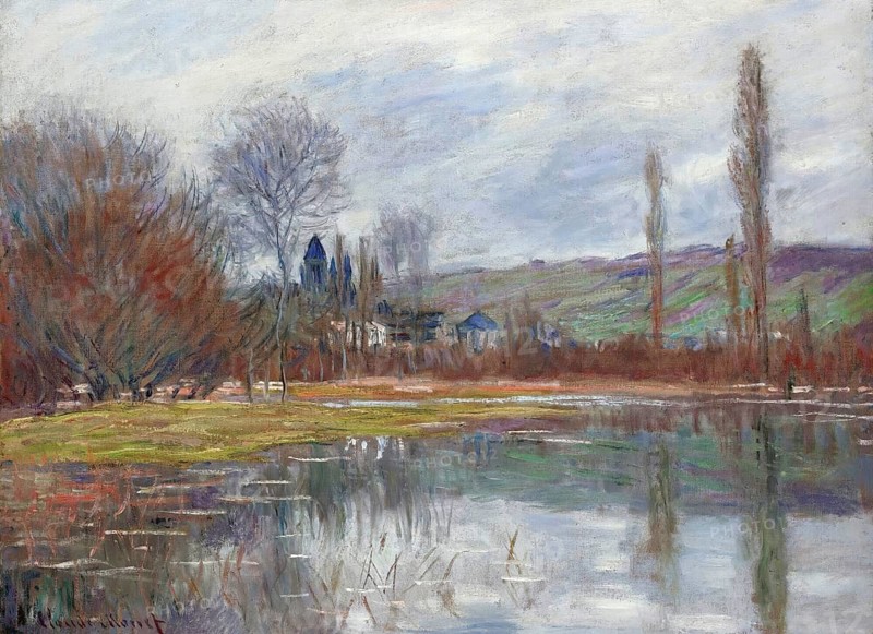 Claude Monet (b. 14 November 1840 in Paris as Oscar-Claude Monet, d. 5 December 1926) important French painter, Impressionist style. Here is his work, Spring in Vétheuil (1881), Spring in Vetheuil, Winter Landscape with Lake and Bare Trees in a Calm Atmosphere