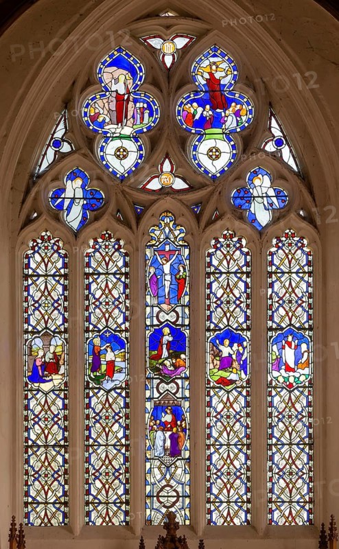 Stained glass east window by James Powell 1851, Wroughton church, Wiltshire, England, UK, Nativity, Baptism, Crucifixion, Agony, Last Supper, Sermon on Mount, Ascension