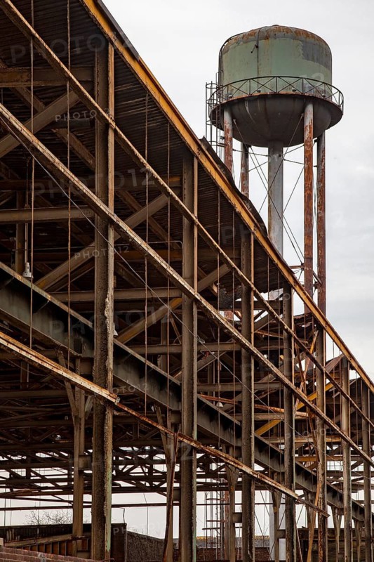 Detroit, Michigan - The framework of an old industrial building near the Detroit River, part of a larger 2.75-acre riverfront portfolio owned by Bedrock LLC. Some of the buildings dating to the Civil War will be demolished, while others may be redeveloped