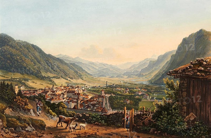 View of the town of Chur and its surroundings, Graubünden, Switzerland, view around 1830, digitally restored reproduction of a 19th century model by Johann Ludwig Bleuler (12 February 1792 - 28 March 1850), Swiss draughtsman and painter