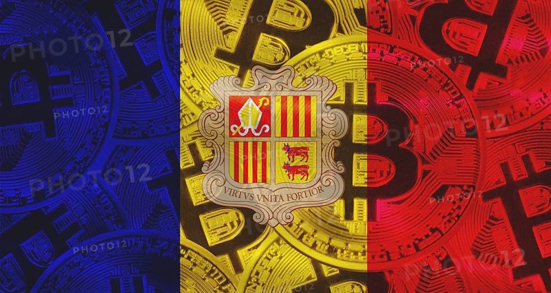 Andorra flag with Bitcoins in the background