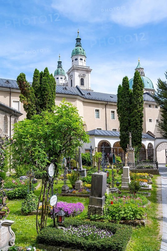 Graves at St. Peter's Cemetery with Cathedral, Old Town, Salzburg, Austria