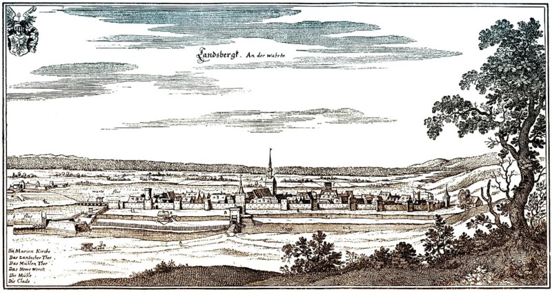 Panoramic view of Landsberg on Warthe, 17th century, Brandenburg, Germany, Europe, Historische Zeichnung, Stadtansicht von Landsberg an der Warthe, Brandenburg, Deutschland, im 17. Jahrhundert