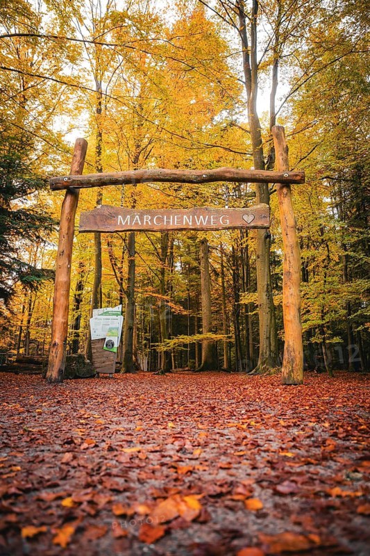 Wooden gateway to the fairytale trail in autumn, Sommerberg, Bad Wildbad, Black Forest, Germany