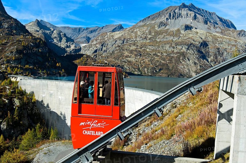 Red carriage of the funicular Minifunic at the Châtelard amusement park, Parc d'Attractions du Châtelard, at the Emosson reservoir, Le Châtelard, Finhaut-Emosson, Valais, Switzerland