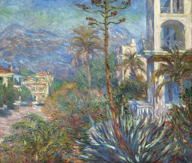 Claude Monet (born 14 November 1840 in Paris as Oscar-Claude Monet, died 5 December 1926) important French painter, Impressionist style. Here his work, Villas at Bordighera (1884), Villas at Bordighera (1884), view of a villa surrounded by palm trees and mountains under a blue sky