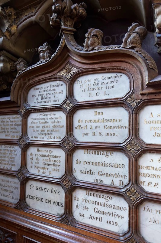 Historic Saint-Étienne-du-Mont church, votive tablets from the 19th century, in thanks to Saint Genoveva, Latin Quarter, Paris, France