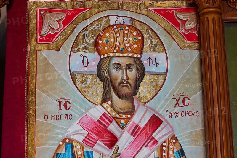 Close-up of an iconic painting of Christ in traditional Christian representation, Chapel of Agios Panteleimon, Kastro Monolithou, Monolithos Castle, rock castle, Monolithos village, Rhodes, Dodecanese, Greek Islands, Greece