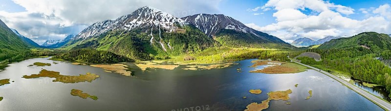 Lake Tern Lake and mountain landscape, aerial view, Moose Pass, Kenai Peninsula, Alaska, USA