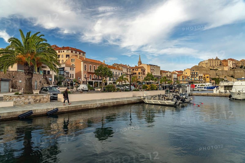 Marina, promenade, lower town and citadel in Calvi, Balagne, Corsica, France