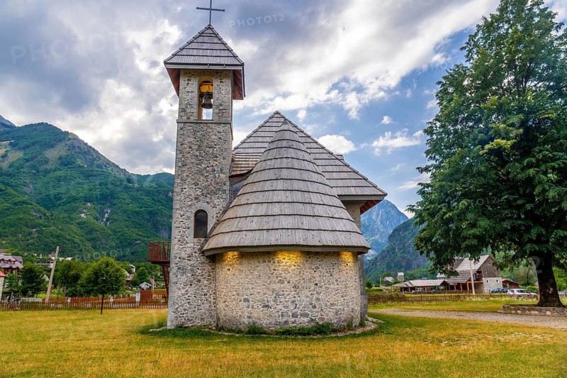 Catholic Church in the valley of Theth National Park, Albania. albanian alps